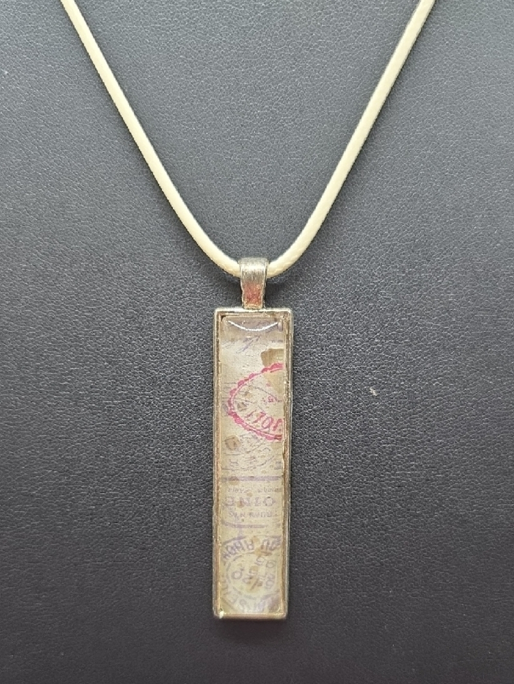 Hand Crafted | Silver Rectangular Glass |Pendant Necklace w/Subtle Script Accent - Picture 2 of 3